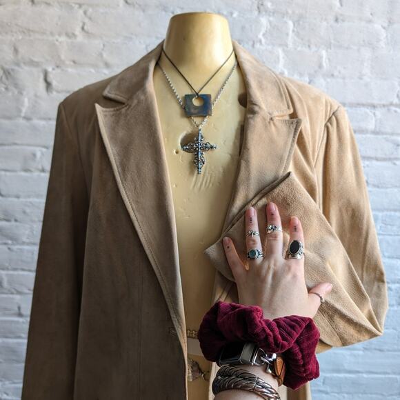 Y2K Vintage Tan Suede Leather Jacket Neutral Western Minimalist Boho Chic Coat - Picture 3 of 8
